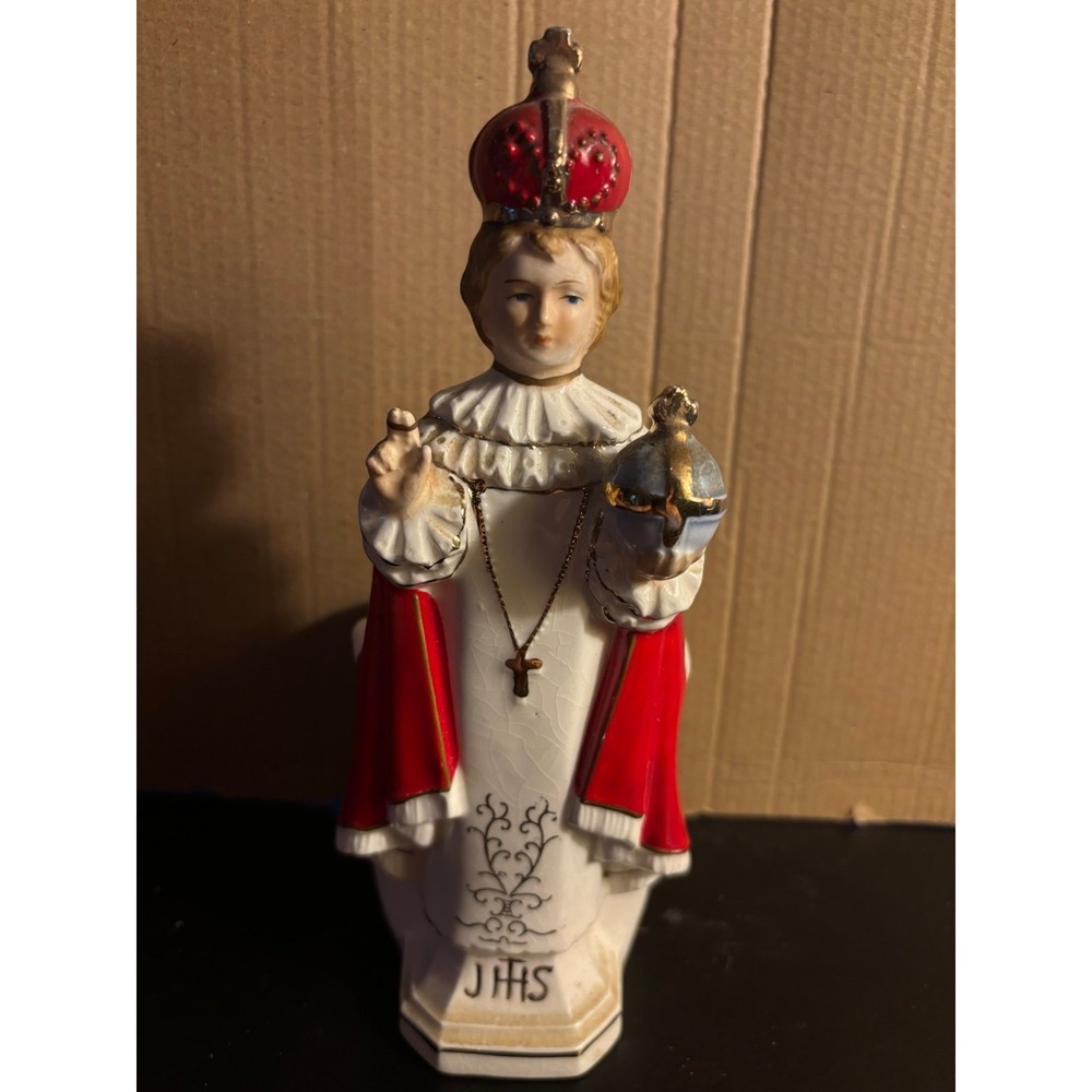 Vintage Ceramic Infant Of Prague Planter 8" Red White Gold Blue - As Is